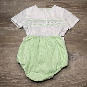 LULI & ME BABY BOYS LIGHT GREEN STRIPE BUTTON ON BUBBLE - SMOCKED LINEN TOP